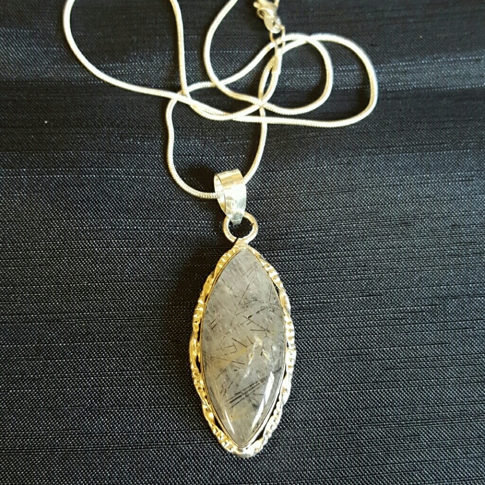 Black Rutile Quartz Necklace Sterling Silver